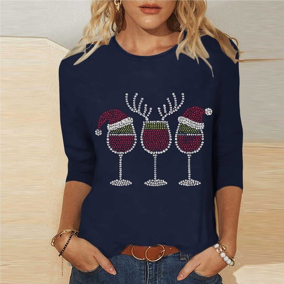 HAOTAGS Christmas Shirts Women Business Casual Plus Size Blue Tops Crew Neck 3/4 Sleeve Graphic Blouses for Women