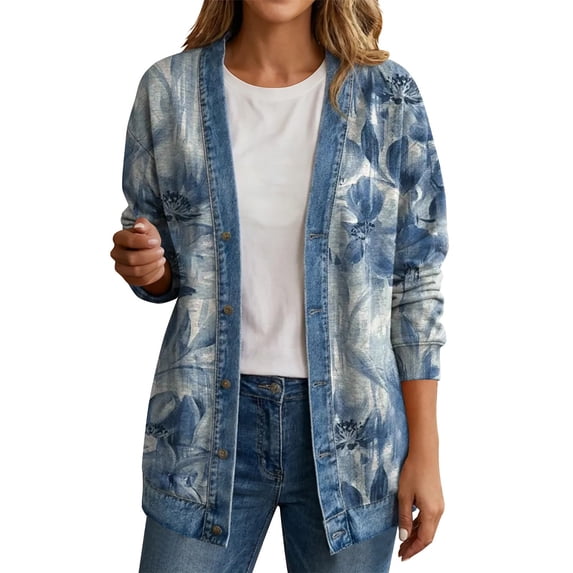 HAOTAGS Classic Hoodless Denim Jacket for Women – Long Sleeve Lapel Collar Jean Coat Multicolor Size S