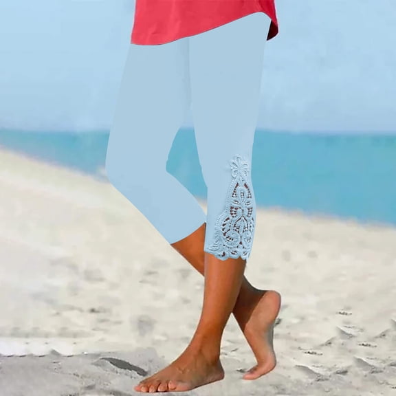 HAOTAGS Cropped Leggings for Women, Lace Edging Capri Pants High Waisted Yoga Pants Casual Beach Pants Light Blue Size XL