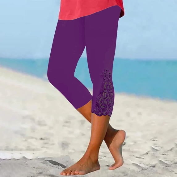 HAOTAGS Cropped Leggings for Women, Lace Edging Capri Pants High Waisted Yoga Pants Casual Beach Pants Purple Size XL