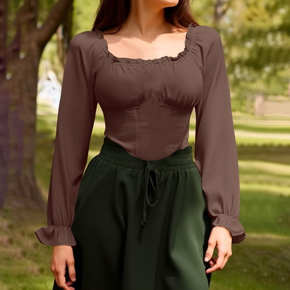 HAOTAGS Cropped Tops for Women Fashion Brown Shirts Long Sleeve Square Neckline Plain Shirts for Women