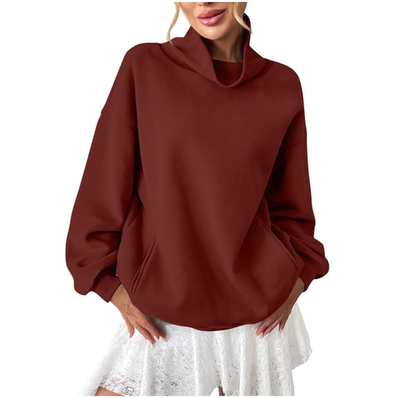 HAOTAGS Cute Blouses Women Garnet Workout Sweatshirts High Neck Long Sleeve Solid Shirts for Women