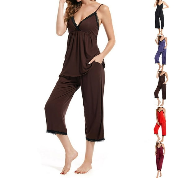 HAOTAGS Cute Pajama Sets for Women,V Neck Pj Lounge Sets Sleeveless Pockets Two Pieces Sleepwear Coffee S