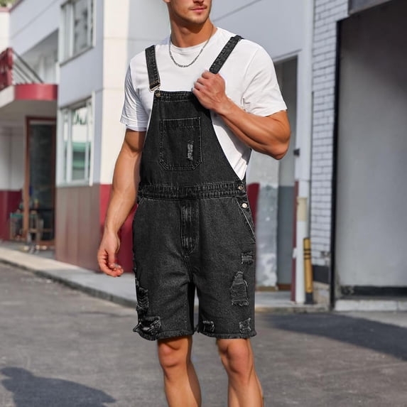 HAOTAGS Denim Bib Overalls for Men, Relaxed Fit Overalls Ripped Jeans Shorts Casual Summer Workwear with Adjustable Straps and Pockets Dark Gray L