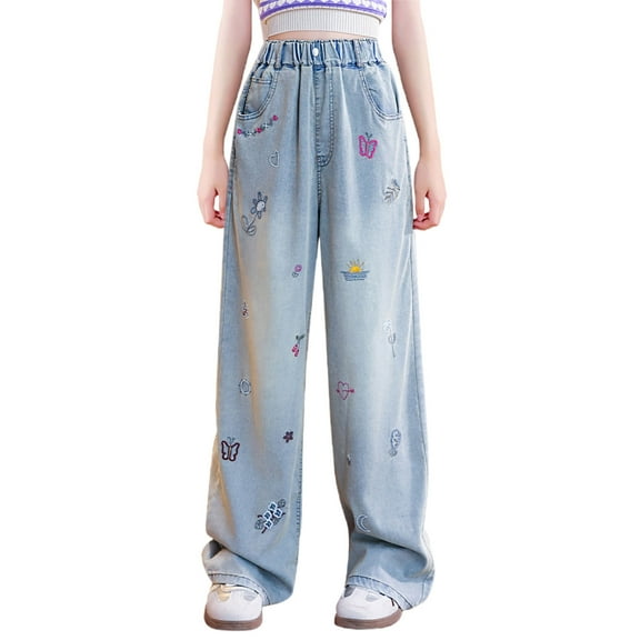 HAOTAGS Denim Pants, Baggy Anti-Mosquito High-Waist Straight Leg Jeans Multicolor 9-10 Years