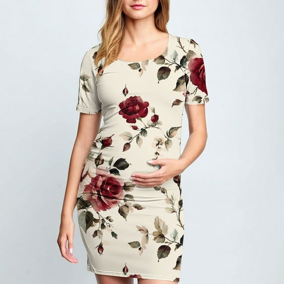 HAOTAGS Dress for Maternity,Summer Beach Crew Neck Waist Pregnancy Dress Gray M