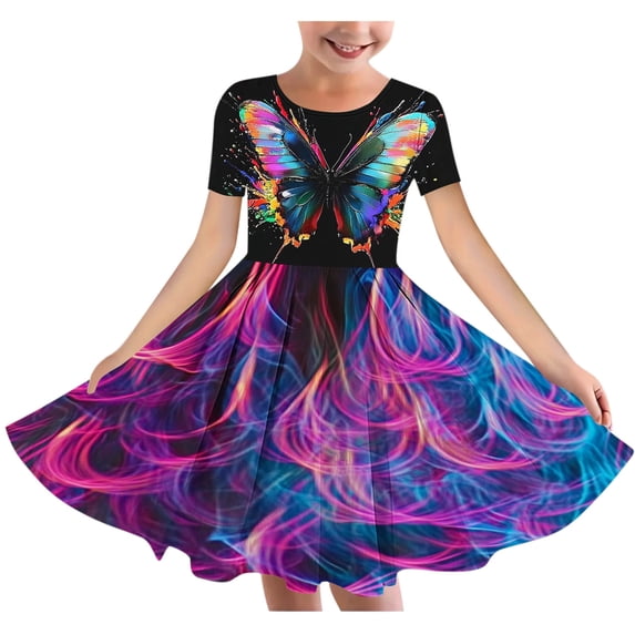 HAOTAGS Dresses for Girls Summer, Round Neck Adjustable Waist Printed A-line Dresses Purple 7 T