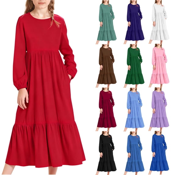 HAOTAGS Dresses for Girls, with Side Pockets Crewneck Breathable Long-Sleeve Dresses Light Blue 4-5Years