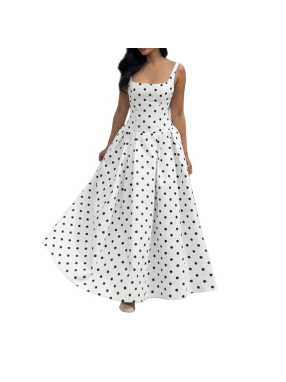 Dresses for Women, Casual Polka Dot Waist-Cinching Sleeveless Strap Dress White S