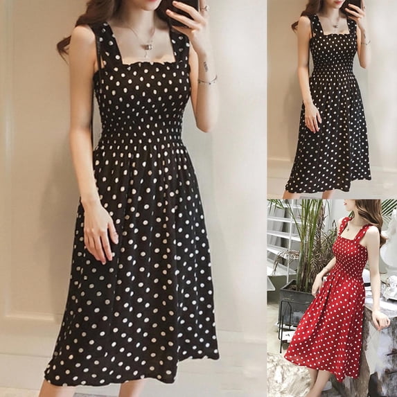 HAOTAGS Dresses for Women Polka Dots Sling Dress Square Neck One-shoulder Black Size Free Size