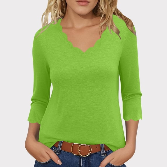 HAOTAGS Dressy Casual Blouses Women Green Plus Size Shirts V Neck 3/4 Sleeve Plain Shirts for Women