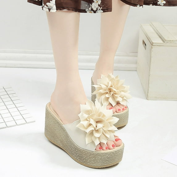 HAOTAGS Dressy Wedge Sandals for Women Platform Breathable Breathable Open Toe Slip On Shoes Beige Size 6.5
