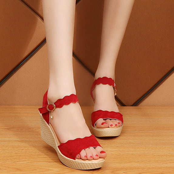 HAOTAGS Dressy Wedge Sandals for Women Single Band Platform Breathable Open Toe Walking Shoes Red Size 6