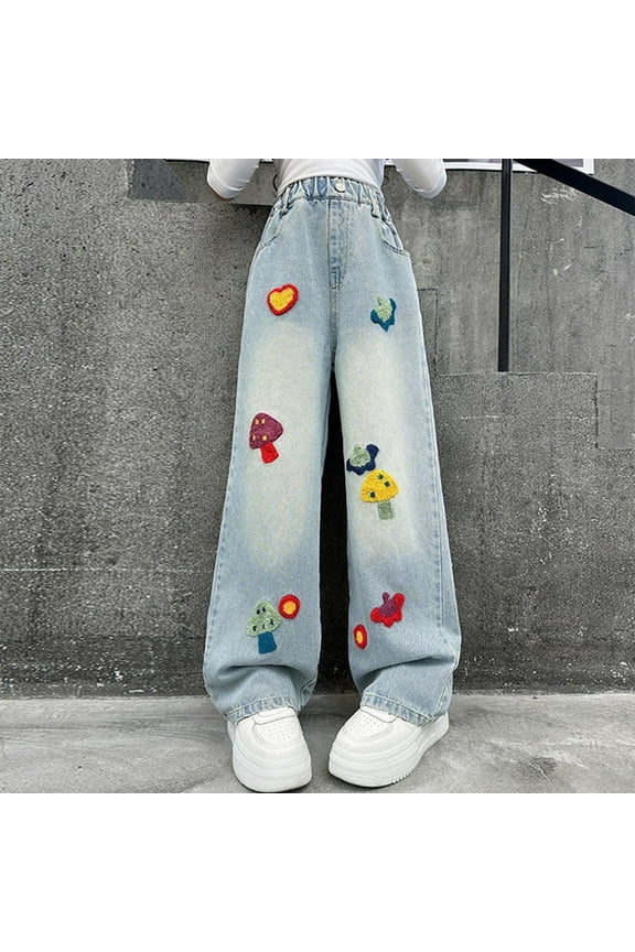 Elastic Waist Jeans Children Loose Wide Leg Cargo Trousers Stretch Washed Pocket Girl Dailywear Blue 7 Years