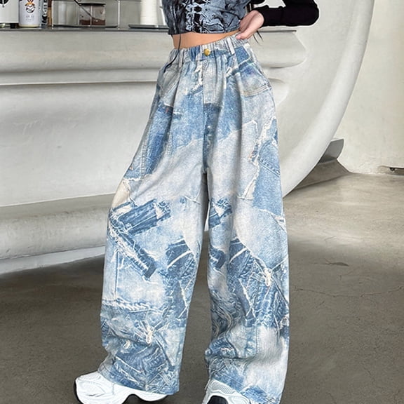 HAOTAGS Elastic Waist Jeans Teen Casual Wide Leg Trousers Straight with Pockets Girl Streetwear Blue 14 Years