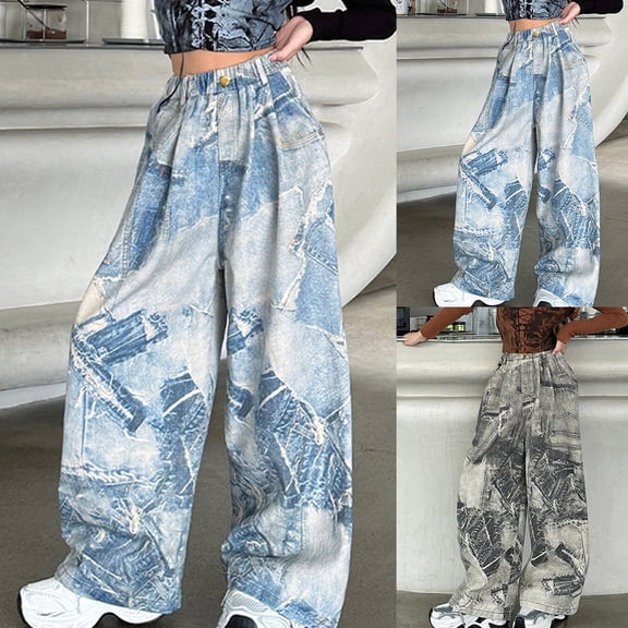 HAOTAGS Elastic Waist Jeans Teen Casual Wide Leg Trousers Straight with Pockets Girl Streetwear Blue 8 Years