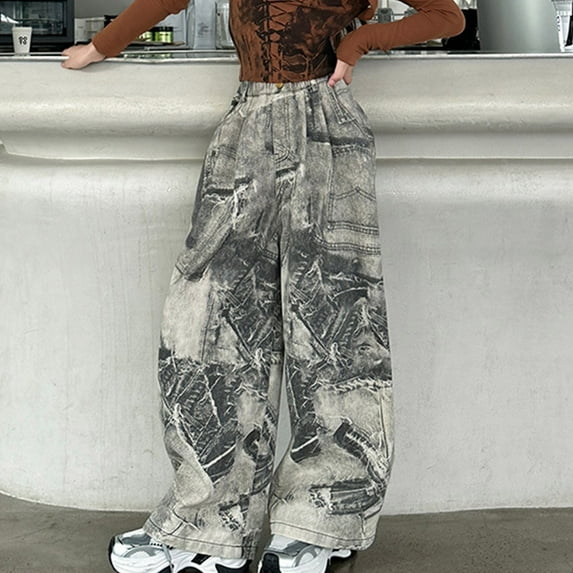 HAOTAGSGirls Jeans, Elastic Waist Casual Wide Leg Demin Pants Straight with Pockets Gray 12 Years