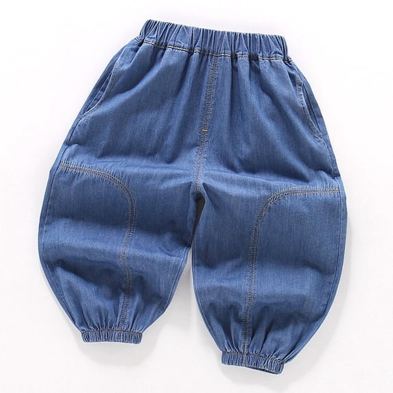 HAOTAGSGirls Jeans, Elastic Waist Plus Wide Leg Cargo Demin Pants Bootcut Pocket Boys Hop Streetwear Dark Blue 2 Years