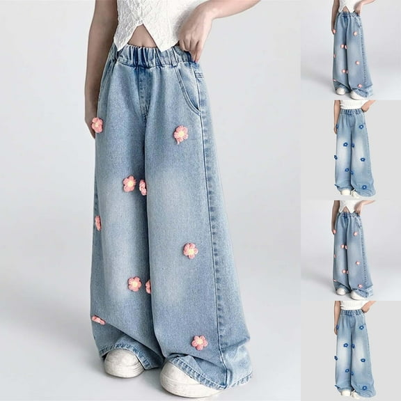 HAOTAGS Elastic Waist Jeans for Girls Comforable Wide Leg Trousers Ripped Distressed with Pockets Loose Casual Pants Pink 7 Years