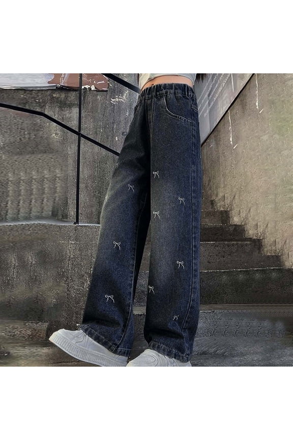 Elastic Waist Jeans Children Loose Wide Leg Cargo Demin Pants Bootcut Pocket Navy 9 Years