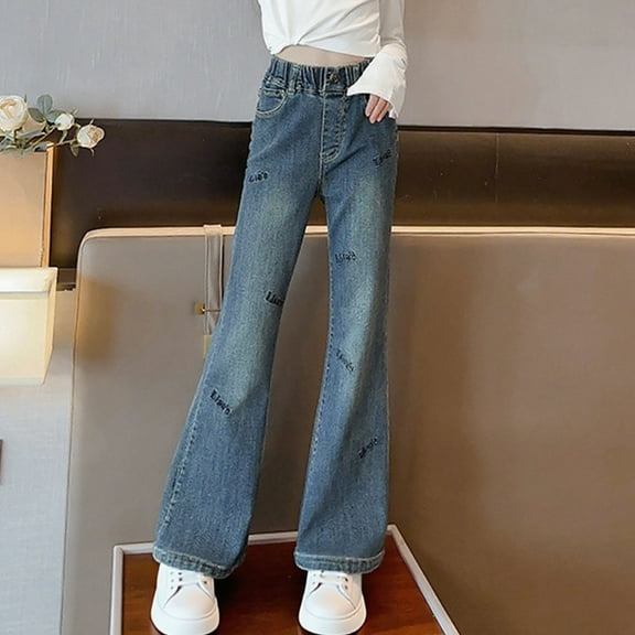 HAOTAGS Elastic Waist Long Jeans Teen Baggy Flared Leg Cargo Trousers Bootcut Pocket Girl Hop Streetwear Blue 12 Years