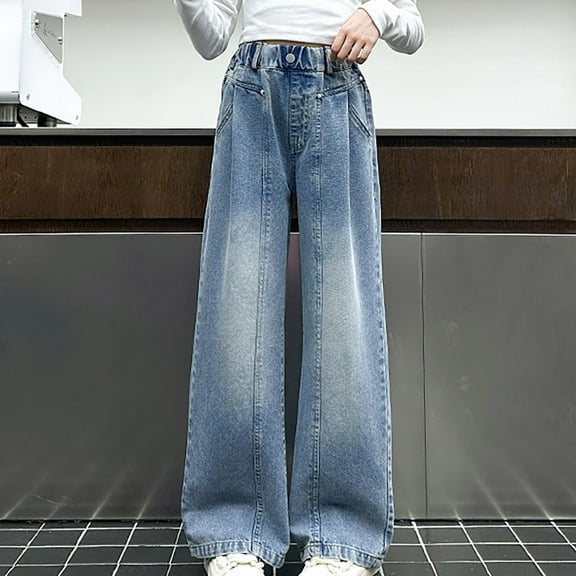 HAOTAGS Elastic Waist Long Jeans Teen Casual Wide Leg Trousers Ripped Distressed with Pockets Girls Clothes Blue 15 Years
