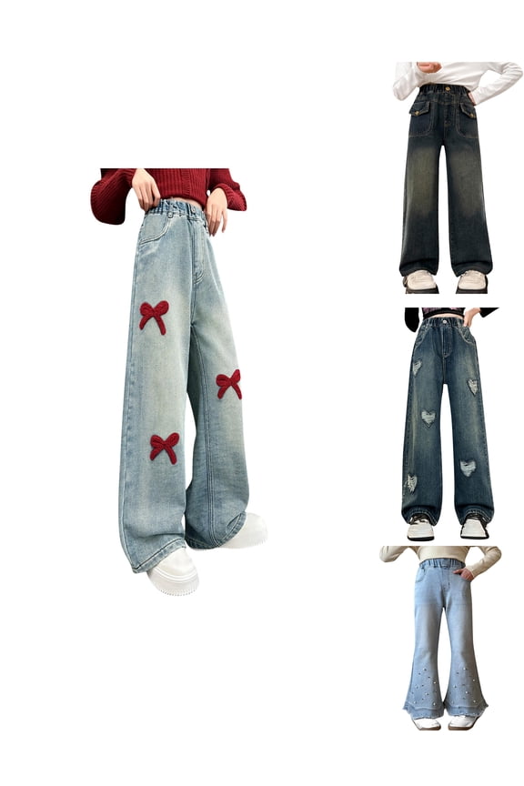 Elastic Waist Long Jeans Teen Fashion Wide Leg Cargo Trousers Bootcut Pocket Girls Hop Streetwear Blue 7 Years
