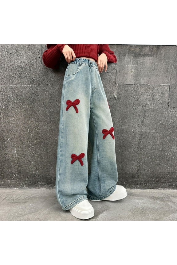 Elastic Waist Long Pants Kid Comfy Wide Leg Cargo Trousers Bootcut Pocket Girls Hop Streetwear Blue 14 Years