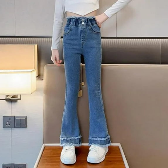 HAOTAGS Elastic Waist Pants Kid Comfy Flared Leg Cargo Trousers Stretch Washed Pocket Girls Dailywear Blue 12 Years