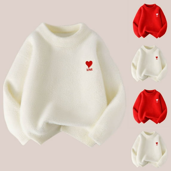 HAOTAGS Fall Sweaters for Girls,Comfortable Heart Printed Long Sleeved Crew Neck Sweater White 3 Years