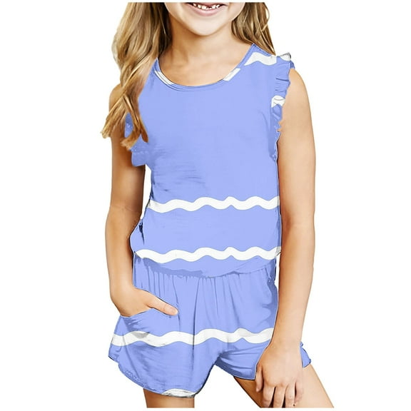 HAOTAGS Girls Short Outfit Sets,Sleeveless Tank Top Summer Print Casual Round Neck Kids 2PC Outfit Sets Size 7-8 Years