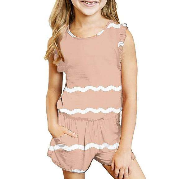 HAOTAGS Outfit Sets for Girls,Round Neck Sleeveless Summer Printed Casualwear Kids 2PC Outfit Sets Size 7-8 Years
