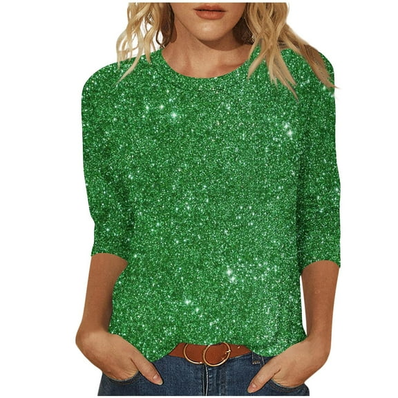 HAOTAGS Fashion Women's Blouses, Sequin Printed Three - Quarter Sleeve Round - Neck T - Shirt Green L