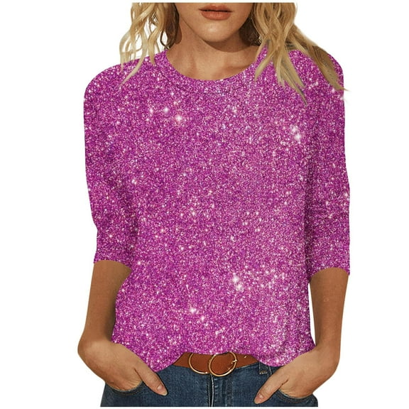 HAOTAGS Fashion Women's Blouses, Sequin Printed Three - Quarter Sleeve Round - Neck T - Shirt Hot Pink S
