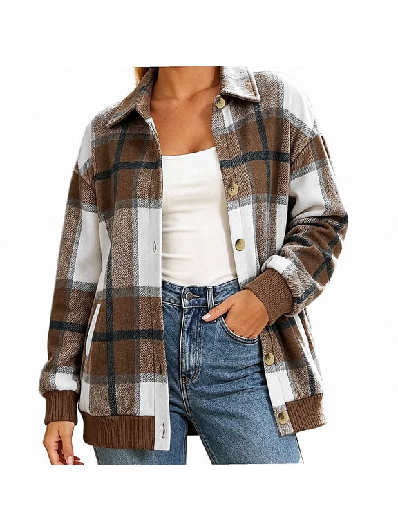 Flannel Shacket for Women Jacket Plaid Button Down Long Sleeve Shirt Beige Size S