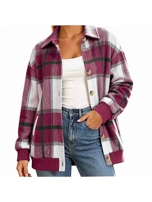 Flannel Shacket for Women Jacket Plaid Button Down Long Sleeve Shirt Hot Pink Size S