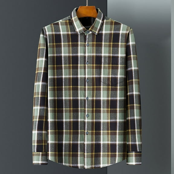 HAOTAGS Flannel Shirts for Men, Casual Plaid Button Down Shirt Long Sleeve Cotton Shirt Work Shirts with Pockets Army Green 38