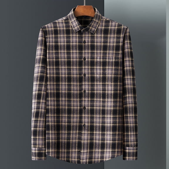 HAOTAGS Flannel Shirts for Men, Casual Plaid Button Down Shirt Long Sleeve Cotton Shirt Work Shirts with Pockets Coffee 38