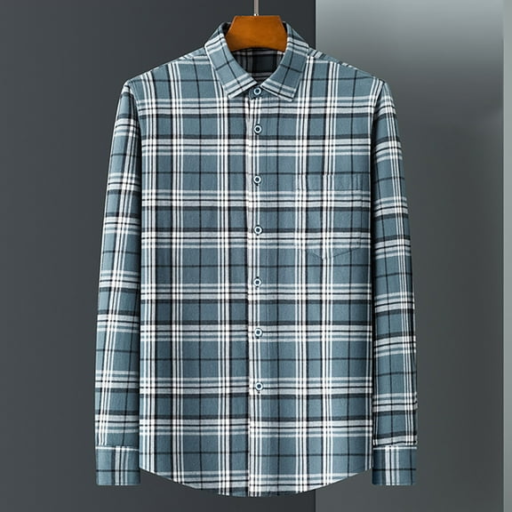 HAOTAGS Flannel Shirts for Men, Casual Plaid Button Down Shirt Long Sleeve Cotton Shirt Work Shirts with Pockets Light blue 42