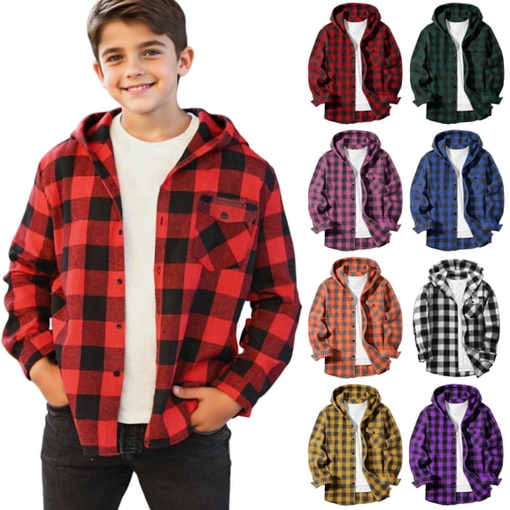 HAOTAGS Flannel Shirts for Teen Boys (4-15), Button Down Plaid Shirts Casual Long Sleeve Hooded Jacket Red 12-13Years