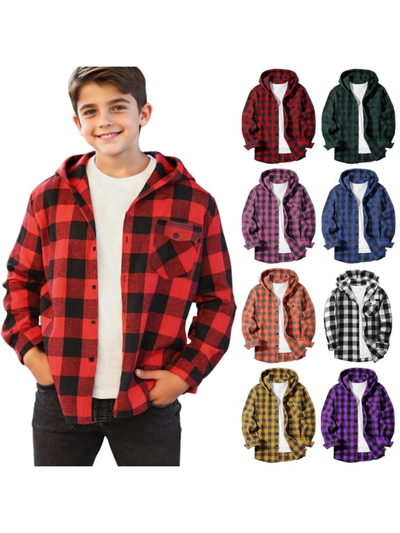 Flannel Shirts for Teen Boys (4-15), Button Down Plaid Shirts Casual Long Sleeve Hooded Jacket Red 8-9Years
