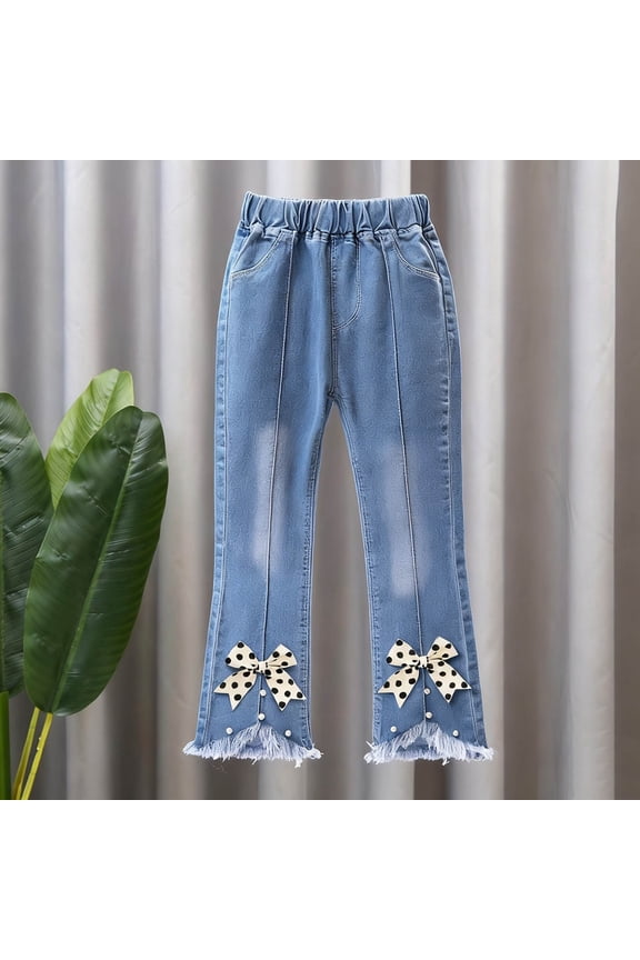 Flared Jeans for Girls,Slightly Flared High-Waisted Cherry Pearl Capris Denim Pants Light Blue 3-4 T