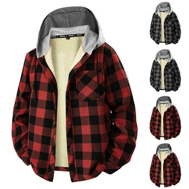 HAOTAGS Fleece Lined Plaid Jacket for Men, Long Sleeve Hooded Coat Cotton Fall Winter Warm Outwear for Men Black M