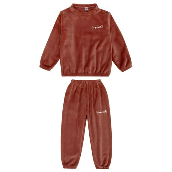 HAOTAGS Fleece Pajama Set (3-14Y) Girls,Warm Long Sleeve Solid Autumn Sleepwear 2-Piece Wine 4-5 Years