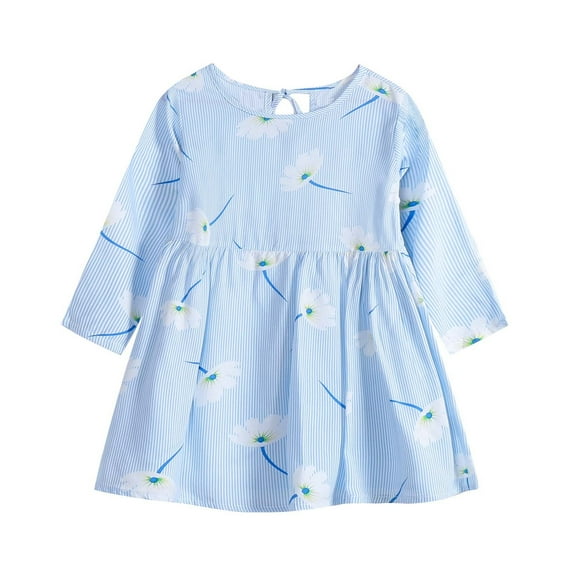 HAOTAGS Floral Print Dress for Toddler Girls Casual Long Sleeve Round Neck Spring Summer Dresses Blue Size 9-12 Months