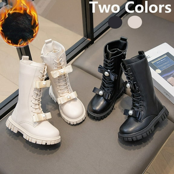 HAOTAGS Girl Fall Winter High - Top Boots, Warm Princess Boots Fleece Leather School Shoes Black 11 Little Kids