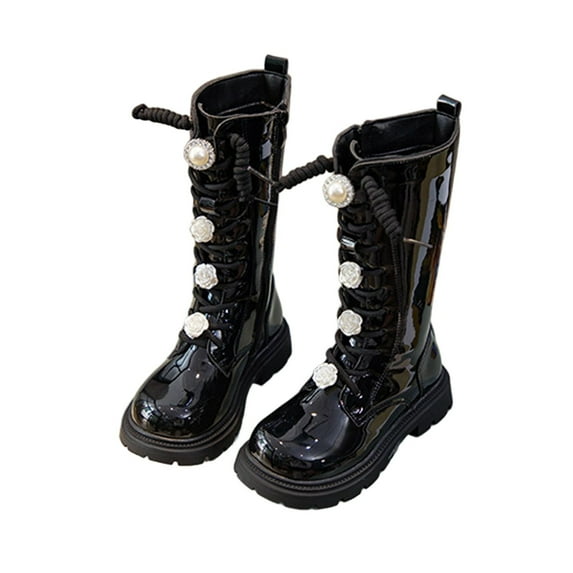HAOTAGS Girl Fall Winter Princess Long Boots, Knee-High Martin Casual Student Riding Leather Zip-Up Boots Black 12 Little Kids