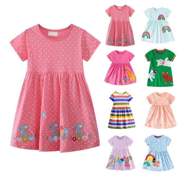 HAOTAGS Girl's Casual Dress,Short Sleeves Round Neck Polka Animal Print Pullover Dress Pink 4 T