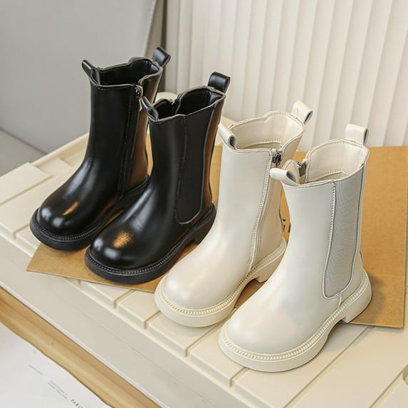 HAOTAGS Girl's Mid Calf Boots, Lace up Leather Boots Side Zipper Student Martin Boots White 9.5 Little Kids