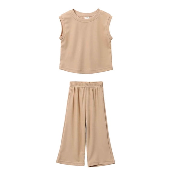 HAOTAGS Girl's Solid Color Two-Piece Tank Top Set Round Neck Sleeveless T-Shirt And Pants Set Khaki Size 9-10T